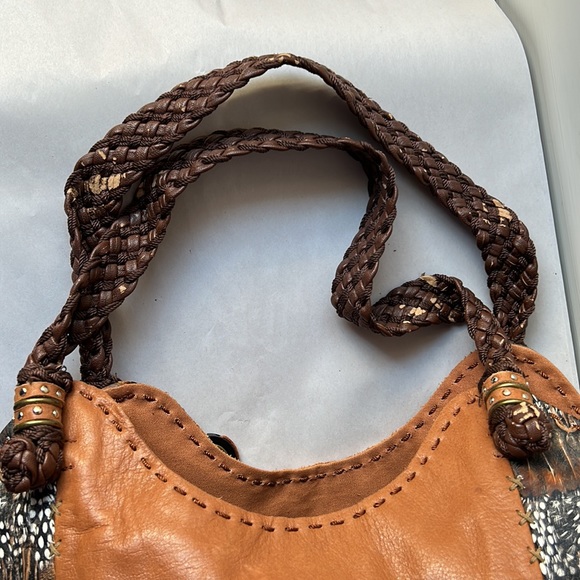 The sak large shoulder hobo purse brown/orange with a feather bird print - Picture 7 of 13